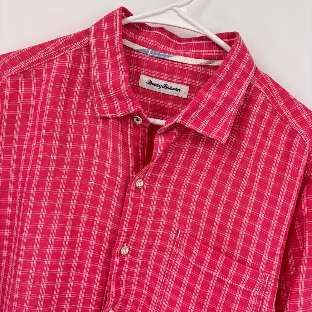 Tommy Bahama Button Down Shirt Mens L Pink Plaid Excellent Linen Tencel Blend